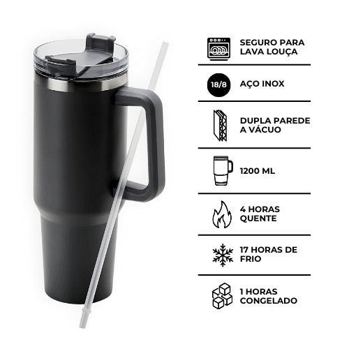 Copo Térmico Grande 1200 Ml, Canudo, Parede Dupla e na Cor preto.